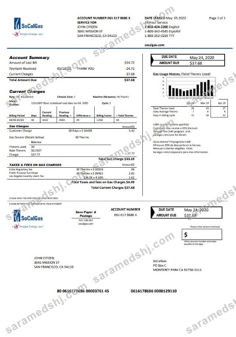 USA California SoCal Gas utility bill template in Word and PDF format